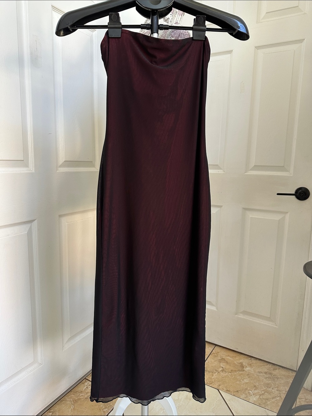 SHEIN Strapless Burgundy Bandage Bodycon Dress with Sheer Black Overlay Over Red
